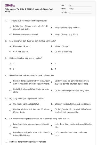 Trắc nghiệm Tin 9 Bài 8. Bài trình chiếu có đáp án (Mới nhất)
