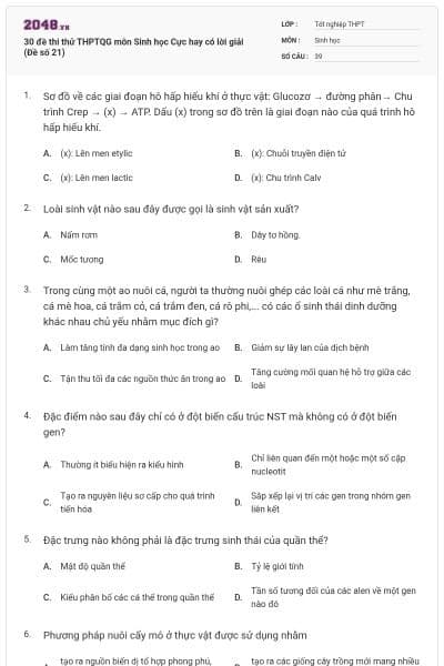 30 đề thi thử THPTQG môn Sinh học Cực hay có lời giải (Đề số 21)
