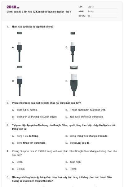 Đề thi cuối kì 2 Tin học 12 Kết nối tri thức có đáp án - Đề 1