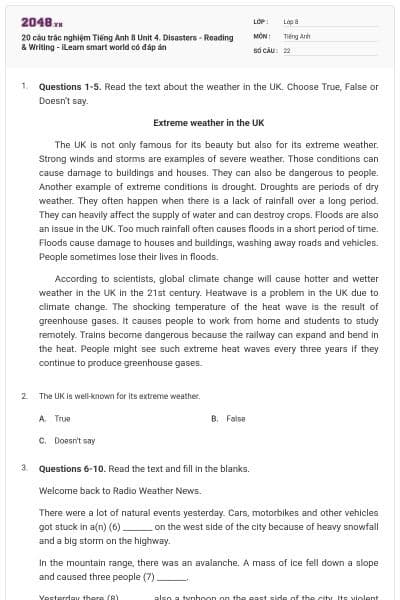 20 câu trắc nghiệm Tiếng Anh 8 Unit 4. Disasters - Reading & Writing - iLearn smart world có đáp án