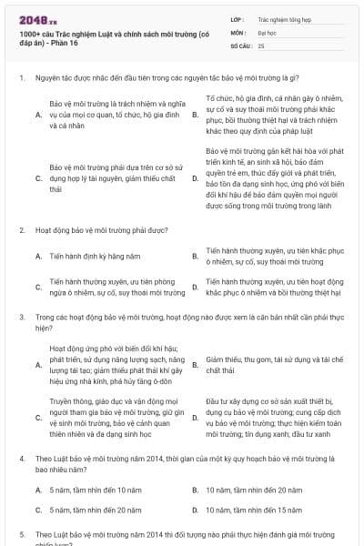 1000+ câu Trắc nghiệm Luật và chính sách môi trường (có đáp án) - Phần 16