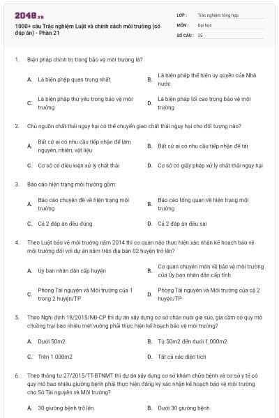 1000+ câu Trắc nghiệm Luật và chính sách môi trường (có đáp án) - Phần 21