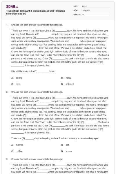 Trắc nghiệm Tiếng Anh 6 Global Success Unit 4 Reading điền từ (có đáp án)