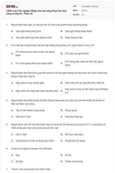 1000+ câu Trắc nghiệm Nhập môn lâm sàng Phục hồi chức năng có đáp án - Phần 30
