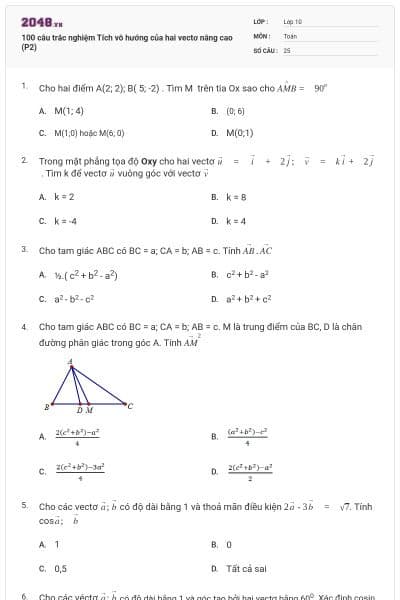 100 câu trắc nghiệm Tích vô hướng của hai vectơ nâng cao (P2)