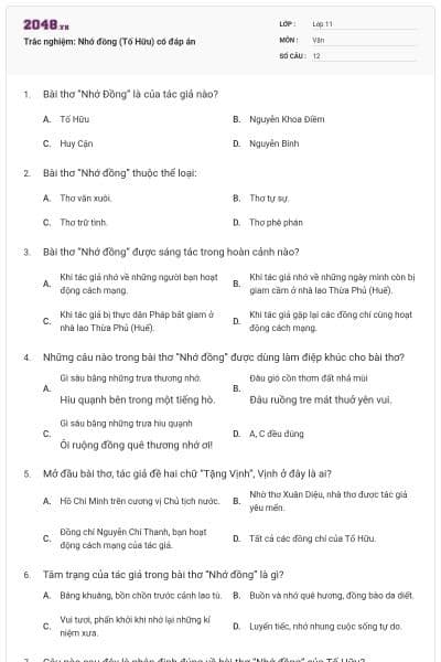 Trắc nghiệm: Nhớ đồng (Tố Hữu) có đáp án