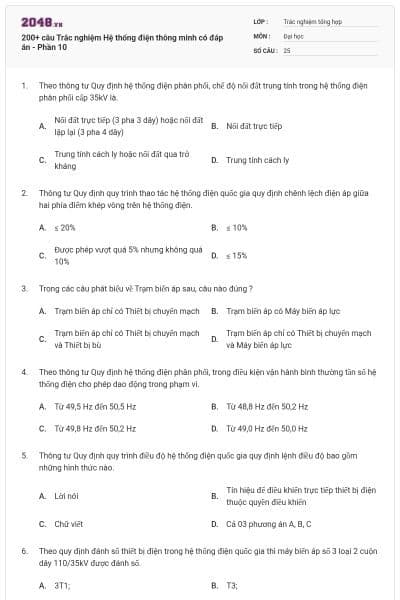 200+ câu Trắc nghiệm Hệ thống điện thông minh có đáp án - Phần 10