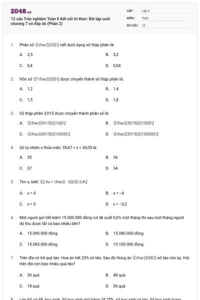 12 câu Trắc nghiệm Toán 6 Kết nối tri thức: Bài tập cuối chương 7 có đáp án (Phần 2)