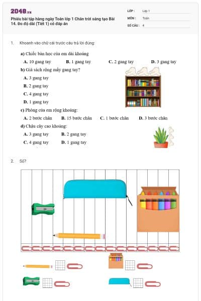 Phiếu bài tập hàng ngày Toán lớp 1 Chân trời sáng tạo Bài 14. Đo độ dài (Tiết 1) có đáp án