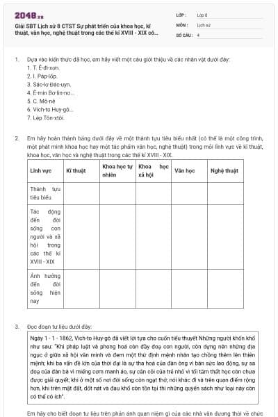 Giải SBT Lịch sử 8 CTST Sự phát triển của khoa học, kĩ thuật,  văn học, nghệ thuật trong các thế kỉ XVIII - XIX có đáp án