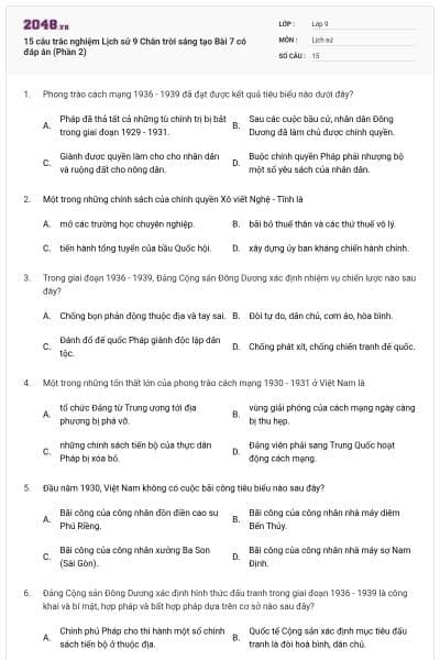 15 câu trắc nghiệm Lịch sử 9 Chân trời sáng tạo Bài 7 có đáp án (Phần 2)