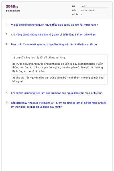 Bài 6: Biết ơn