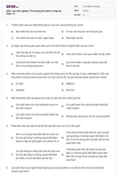 500+ câu trắc nghiệm Thị trường tài chính có đáp án - Phần 15