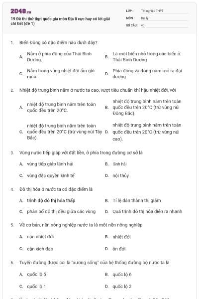 19 Đề thi thử thpt quốc gia môn Địa lí cực hay có lời giải chi tiết (đề 1)