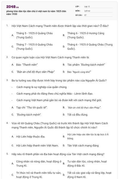 phong trào dân tộc dân chủ ở việt nam từ năm 1825 đến năm 1930