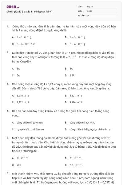 Đề thi giữa kì 2 Vật Lí 11 có đáp án (Đề 4)