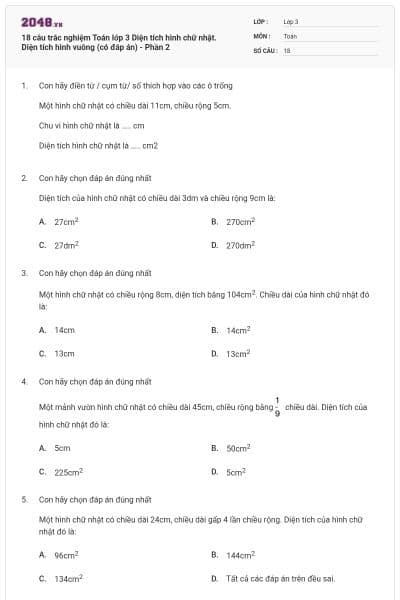 18 câu trắc nghiệm Toán lớp 3 Diện tích hình chữ nhật. Diện tích hình vuông (có đáp án) - Phần 2