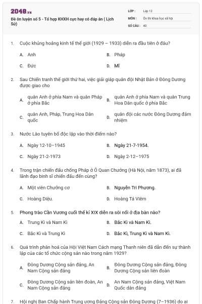 Đề ôn luyện số 5 - Tổ hợp KHXH cực hay có đáp án ( Lịch Sử)