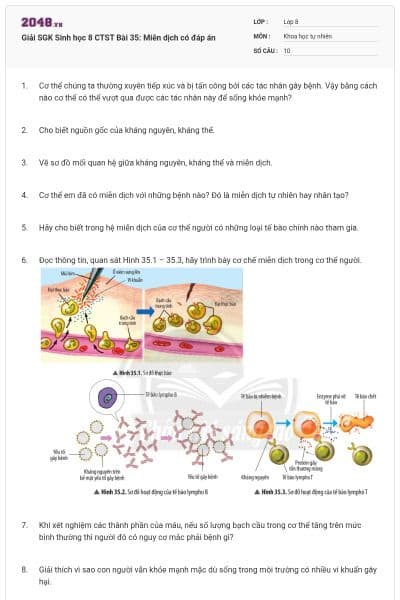 Giải SGK Sinh học 8 CTST Bài 35: Miễn dịch có đáp án