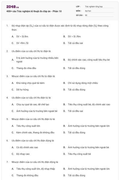 400+ câu Trắc nghiệm kĩ thuật đo đáp án - Phần 10