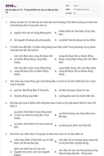 Đề ôn luyện số 10 - Tổ hợp KHXH cực hay có đáp án (Địa Lí)