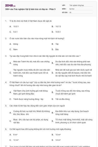 300+ câu Trắc nghiệm Vật lý kiến trúc có đáp án - Phần 5