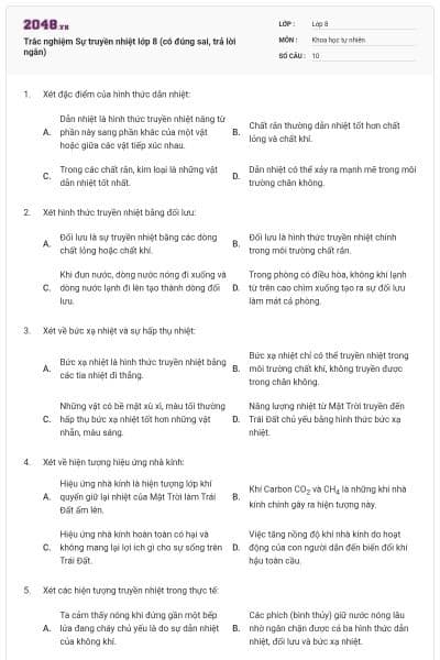 Trắc nghiệm Sự truyền nhiệt lớp 8 (có đúng sai, trả lời ngắn)