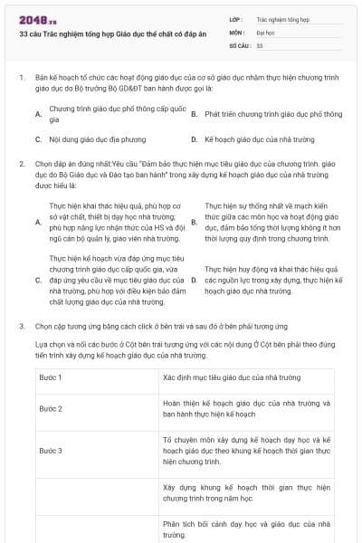 33 câu Trắc nghiệm tổng hợp Giáo dục thể chất có đáp án
