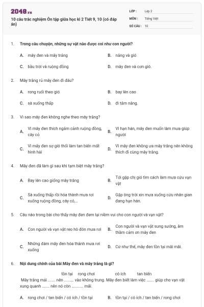 10 câu trắc nghiệm Ôn tập giữa học kì 2 Tiết 9, 10 (có đáp án)