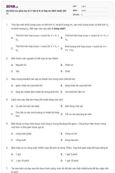 Đề kiểm tra giữa học kì 2 Vật lý 8 có đáp án (Mới nhất) (Đề 7)