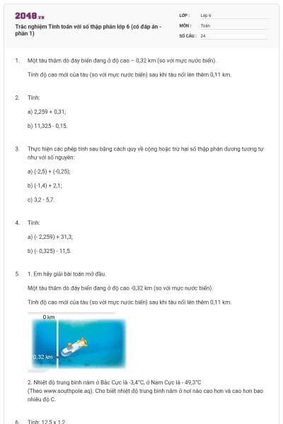 Trắc nghiệm Tính toán với số thập phân lớp 6 (có đáp án - phần 1)