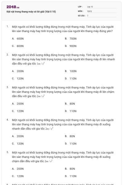 Đặt vật trong thang máy có lời giải (Vật lí 10)