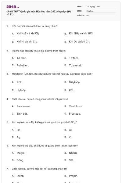 Đề thi THPT Quốc gia môn Hóa học năm 2022 chọn lọc (Đề số 11)