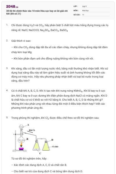 38 Đề thi chính thức vào 10 môn Hóa cực hay có lời giải chi tiết (Đề số 21)
