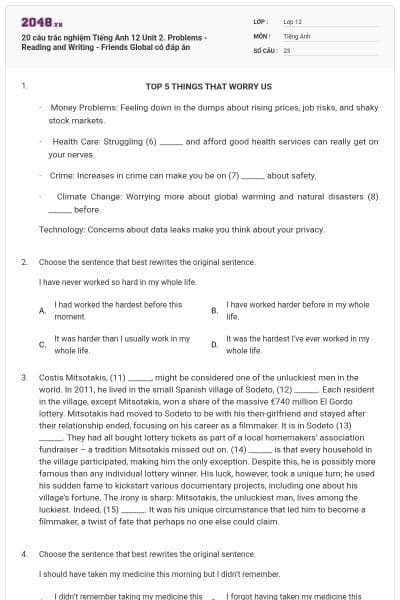 20 câu trắc nghiệm Tiếng Anh 12 Unit 2. Problems - Reading and Writing - Friends Global có đáp án
