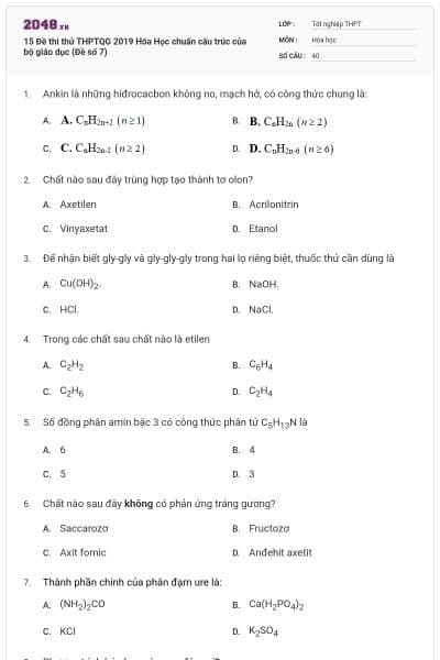 15 Đề thi thử THPTQG 2019 Hóa Học chuẩn cấu trúc của bộ giáo dục (Đề số 7)