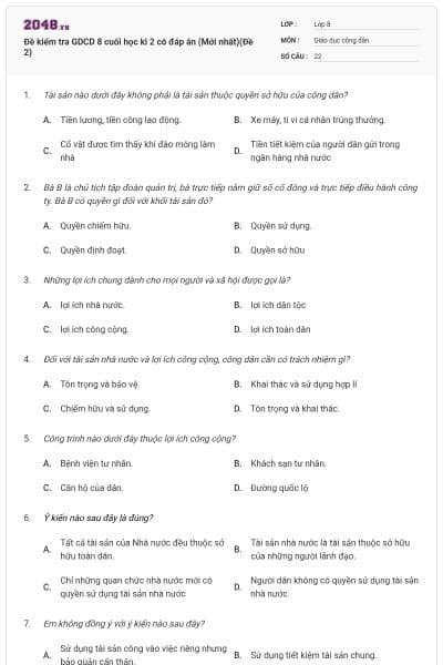 Đề kiểm tra GDCD 8 cuối học kì 2 có đáp án (Mới nhất)(Đề 2)