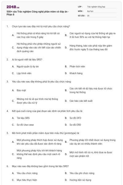 500+ câu Trắc nghiệm Công nghệ phần mềm có đáp án - Phần 8