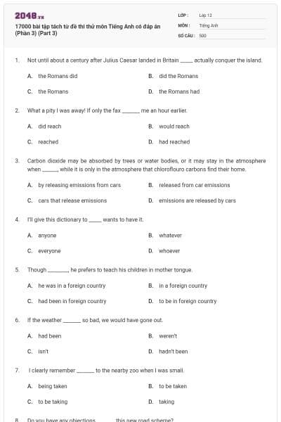 17000 bài tập tách từ đề thi thử môn Tiếng Anh có đáp án (Phần 3) (Part 3)