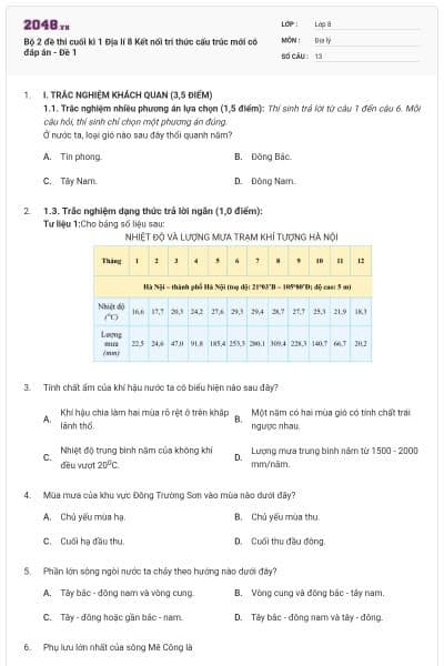 Bộ 2 đề thi cuối kì 1 Địa lí 8 Kết nối tri thức cấu trúc mới có đáp án - Đề 1