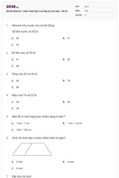 Đề thi Giữa kì 1 môn Toán lớp 2 có đáp án (Cơ bản - Đề 5)