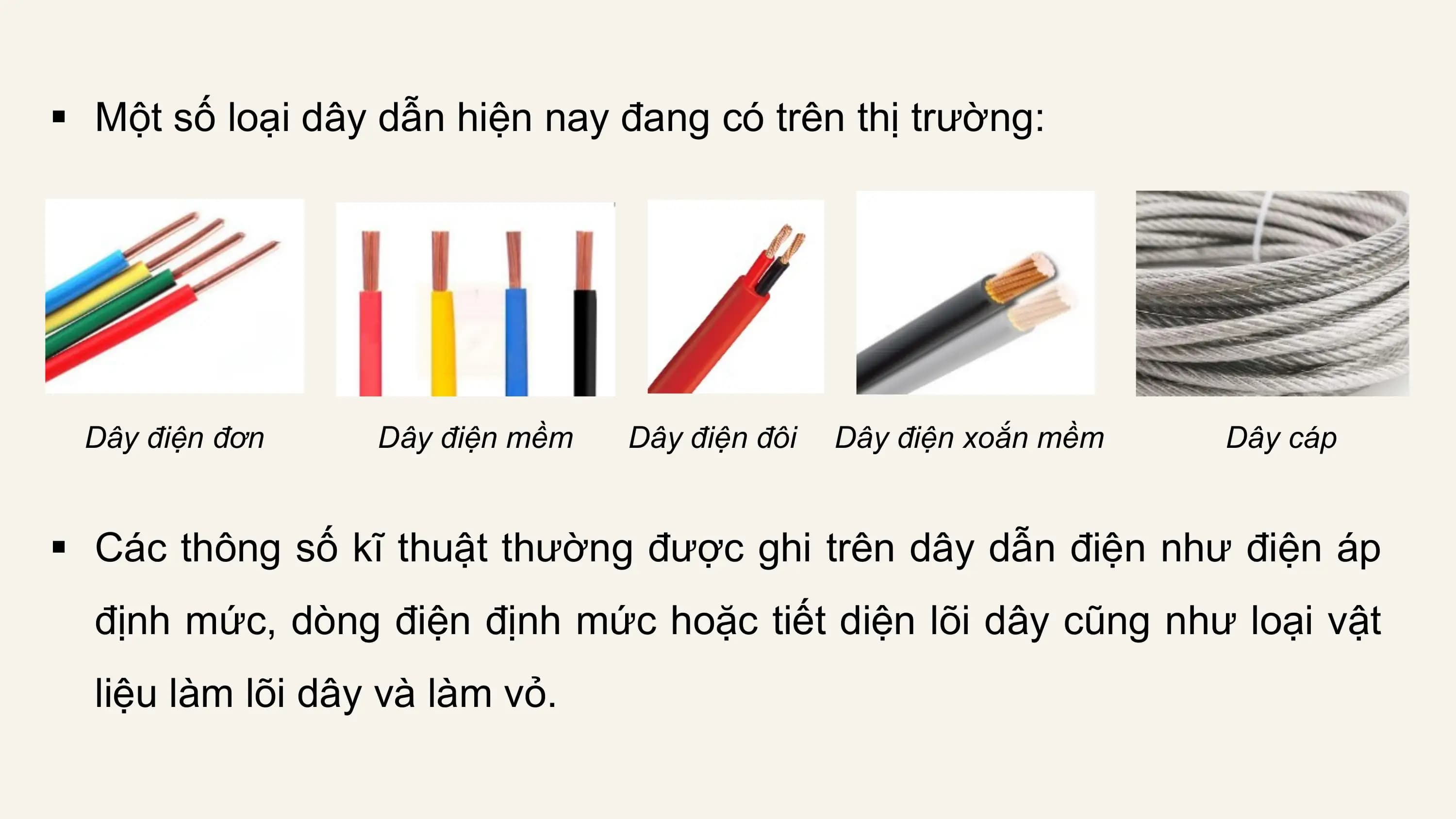 § Một số loại dây dẫn hiện nay đang có trên thị trường:

 Dây điện đơn Dây điện mềm Dây điện đôi Dây điện xoắn mềm Dây cáp

§ Các thông số kĩ thuật thường được ghi trên dây dẫn điện như điện áp
 định mức, dòng điện định mức hoặc tiết diện lõi dây cũng như loại vật
 liệu làm lõi dây và làm vỏ.