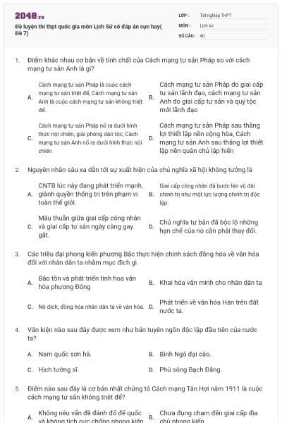 Đề luyện thi thpt quốc gia môn Lịch Sử có đáp án cực hay( Đề 7)