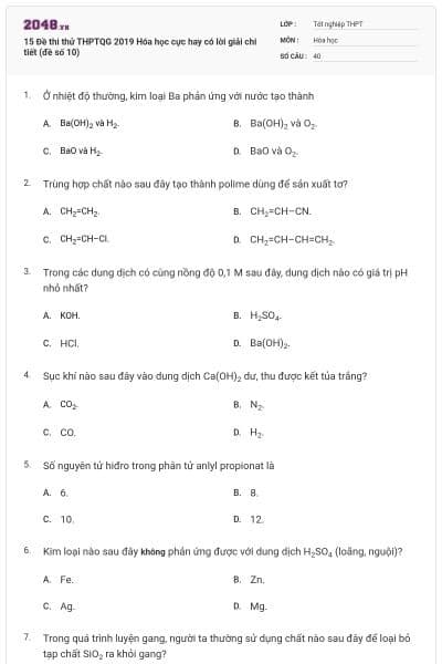 15 Đề thi thử THPTQG 2019 Hóa học cực hay có lời giải chi tiết (đề số 10)