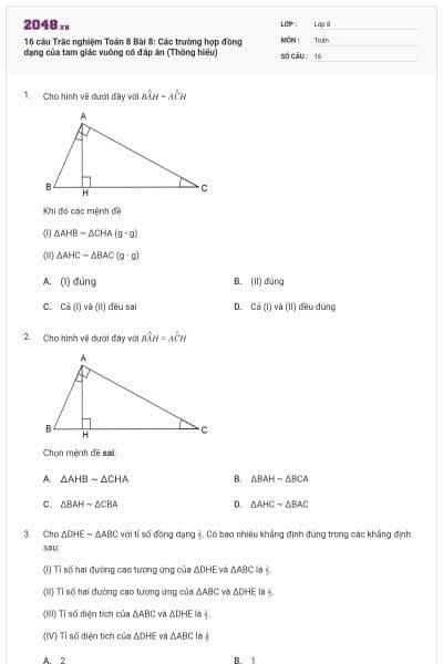 16 câu Trắc nghiệm Toán 8 Bài 8: Các trường hợp đồng dạng của tam giác vuông có đáp án (Thông hiểu)