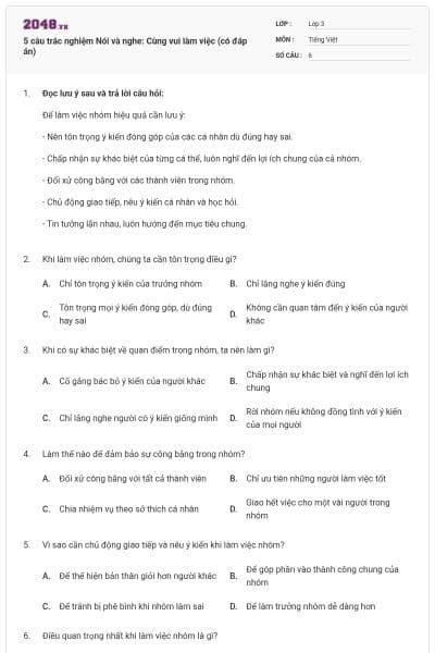 5 câu trắc nghiệm Nói và nghe: Cùng vui làm việc (có đáp án)