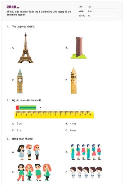 15 câu trắc nghiệm Toán lớp 1 Cánh diều Ước lượng và đo độ dài có đáp án