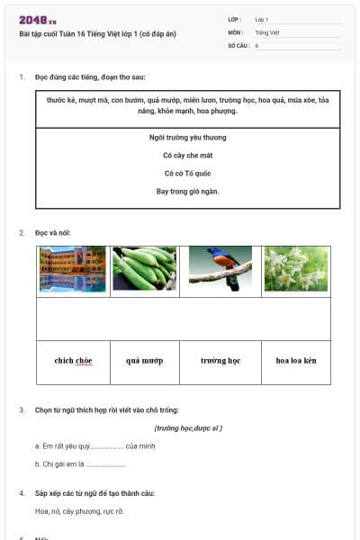 Bài tập cuối Tuần 16 Tiếng Việt lớp 1 (có đáp án)