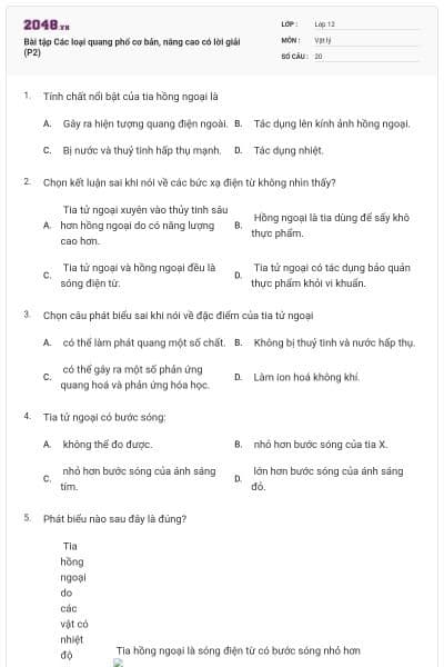 Bài tập Các loại quang phổ cơ bản, nâng cao có lời giải (P2)