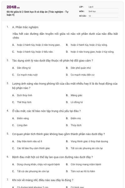 Đề thi giữa kì 2 Sinh học 8 có đáp án (Trắc nghiệm - Tự luận 4)